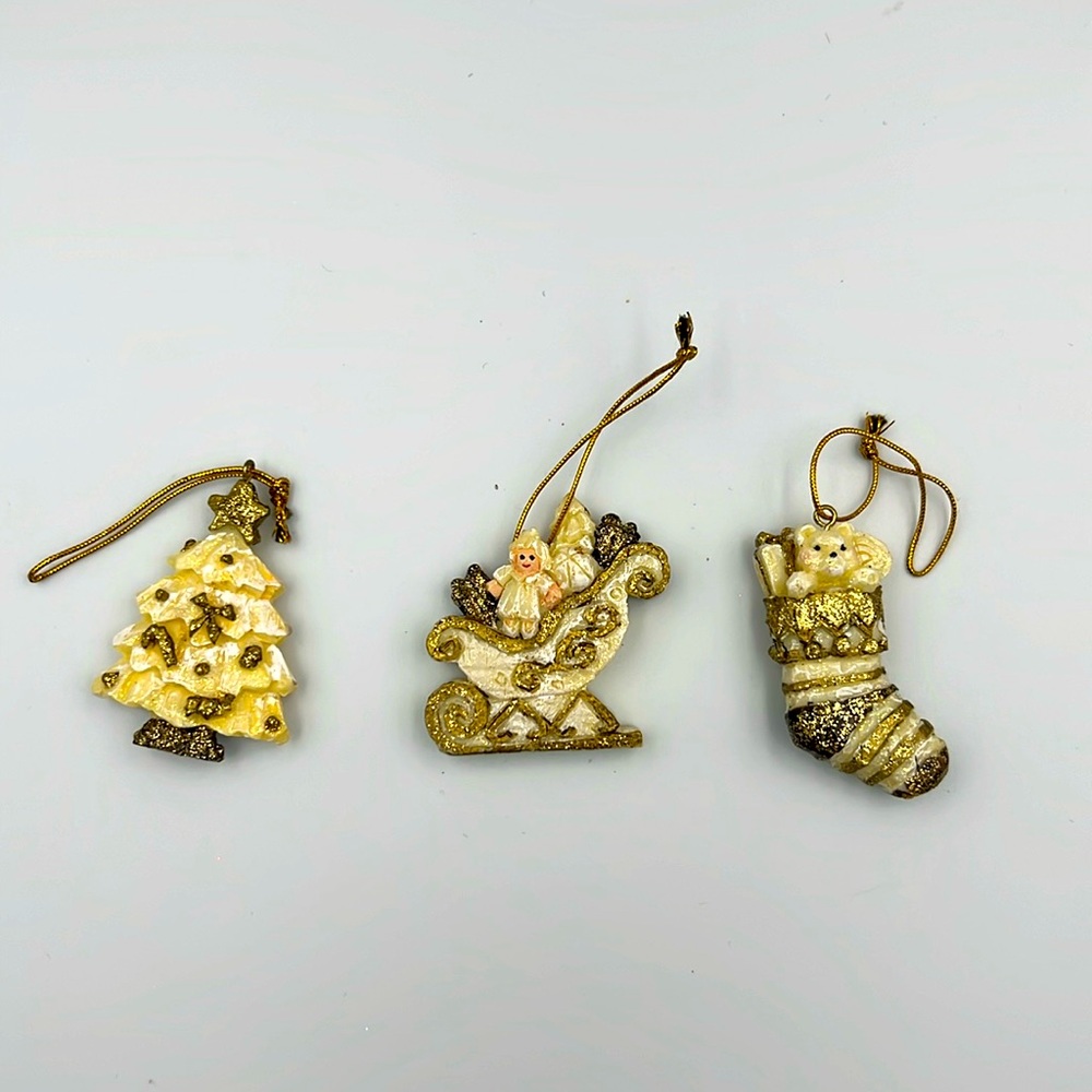 Vintage Retro Resin Christmas glittery gold ornaments tree stocking sleigh